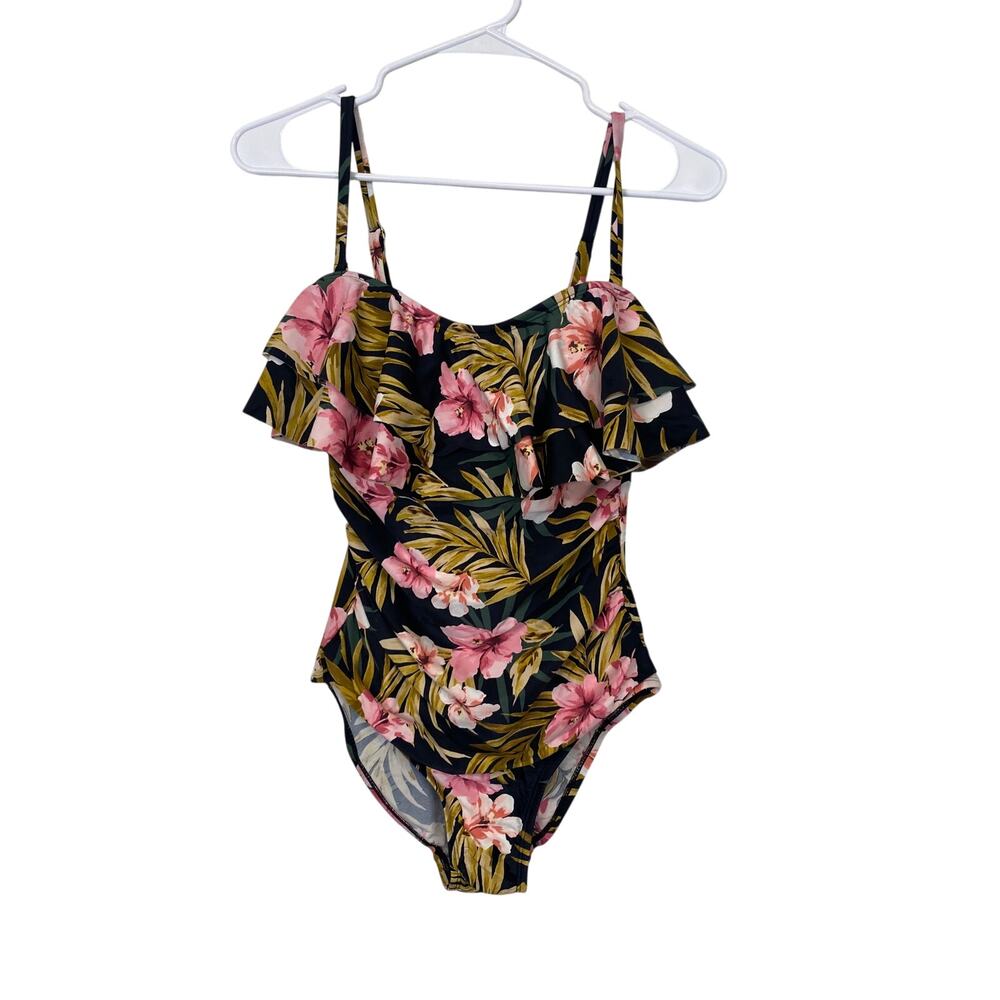 Kona Sol Black Tropical Print One Piece Swimwear Straps Size M